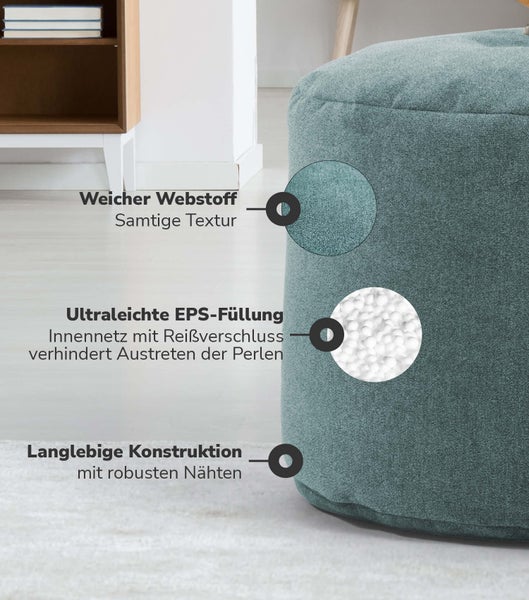 mokebo Pouf, Hocker o. Bodenkissen 'Der Ruhepouf' Sitzhocker rund und Fußhocker fürs Wohnzimmer, leichter Sitzpouf aus Stoff in Petrol