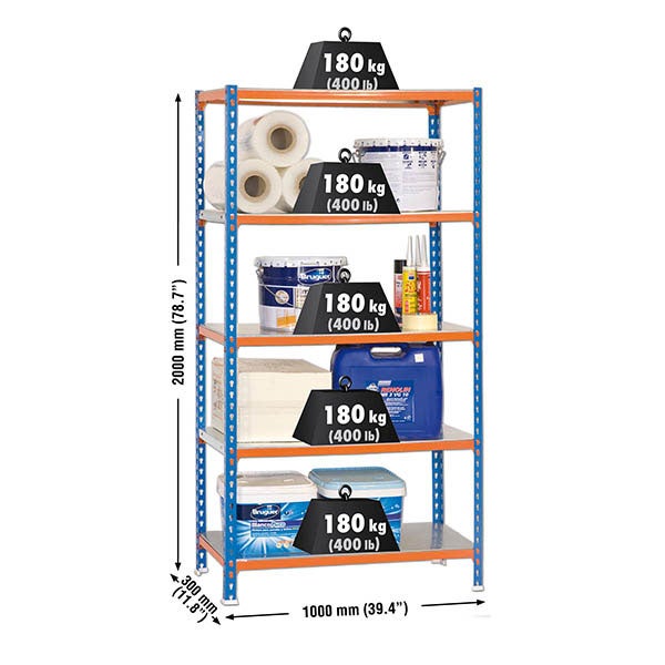 Schwerlastregal BIG METAL SHARK | HxBxT 200x100x30cm | Fachlast 180kg | Blau-Orange