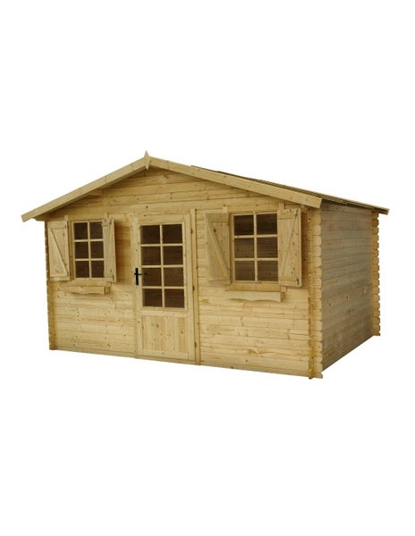 Gartenhaus aus Holz mit Satteldach, einer Tür mit Fensterausschnitten und zwei Fenstern mit Fensterläden.