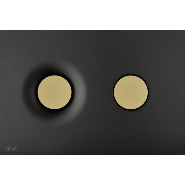 Alca Betätigungsplatte für WC, schwarz mit zwei runden goldfarbenen Druckknöpfen, Alca Logo.