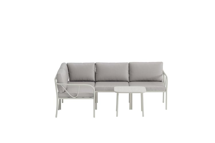 Lounge-Set bestehend aus einem Ecksofa mit Metallgestell und Polstern sowie einem passenden Beistelltisch für den Garten.