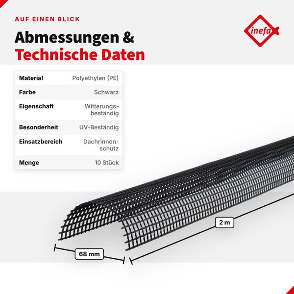 Technische Daten zum Inefa Dachrinnenschutz aus Polyethylen mit Angaben zu Maßen von 2 Meter Länge und 68 Millimeter Breite.
