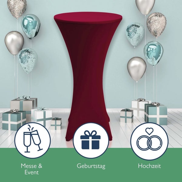 Stehtisch mit Stretchhusse, umgeben von Ballons und Geschenken, geeignet für Messe, Event, Geburtstag oder Hochzeit