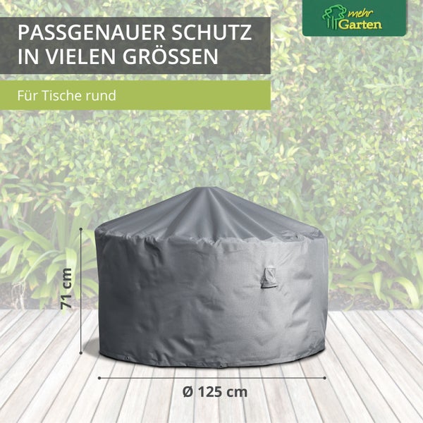 Mehr Garten - Premium Gartentisch-Schutzhülle rund: Ø155x71(H) cm I Robuste Abdeckung für Gartentische wasserdicht und wetterfest aus Oxford 600D Gewebe I Lichtgrau