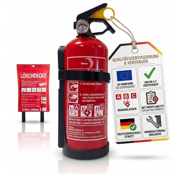 Feuerlöscher mit Löschdecke, inklusive Wandhalterung und Zertifizierung für Brandklassen A, B und C.