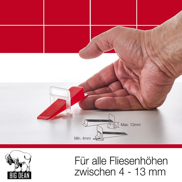 BigDean 3000 Laschen 2mm, 500 Keile & 1 Zange - Fliesen Nivelliersystem - Frei wählbar - Riesen Auswahl an Fliesenkeilen & Zuglaschen - Verlegehilfe Fliesenleger Set - Made in Europe