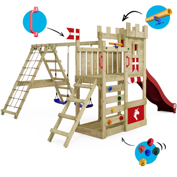 WICKEY Spielturm Ritterburg DragonFlyer mit Schaukel und Rutsche, Spielhaus mit Sandkasten, Kletterleiter und Spiel-Zubehör - rot