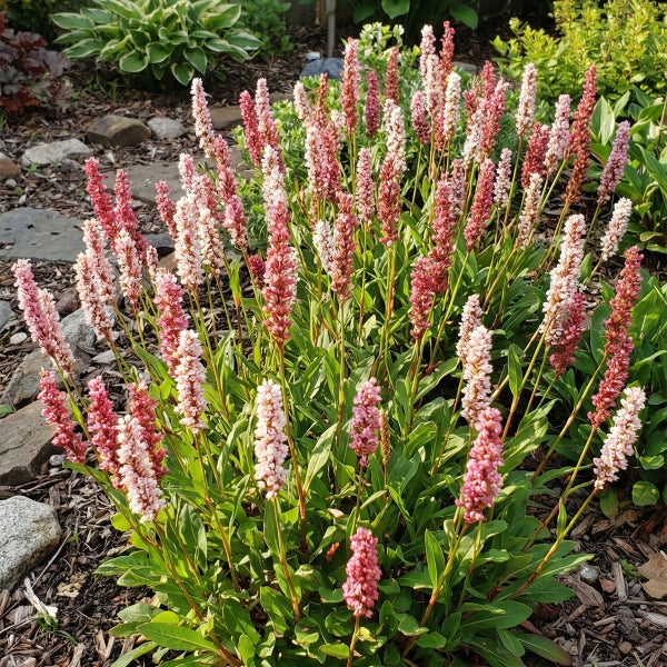 Schecken-Knöterich Bistorta affinis mit zahlreichen aufrechten rosa und rötlichen Blütenähren in einem Garten.
