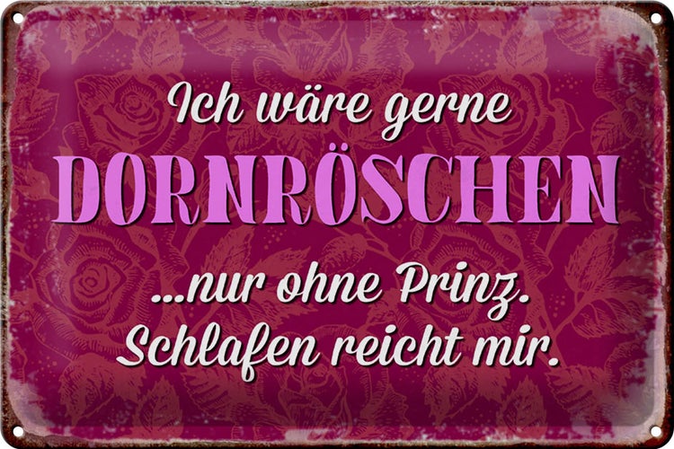 Blechschild Spruch 30x20cm ich gerne Dornröschen ohne Prinz