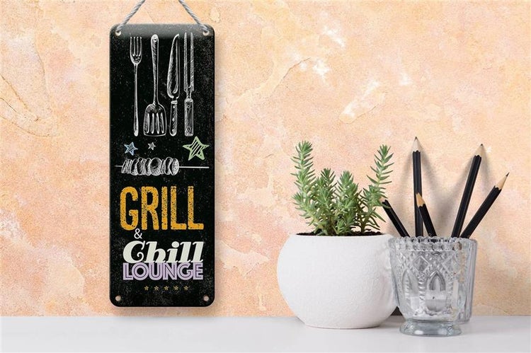 Blechschild Spruch Grill & Chill Fleisch Grillen 10x27cm Dekoration