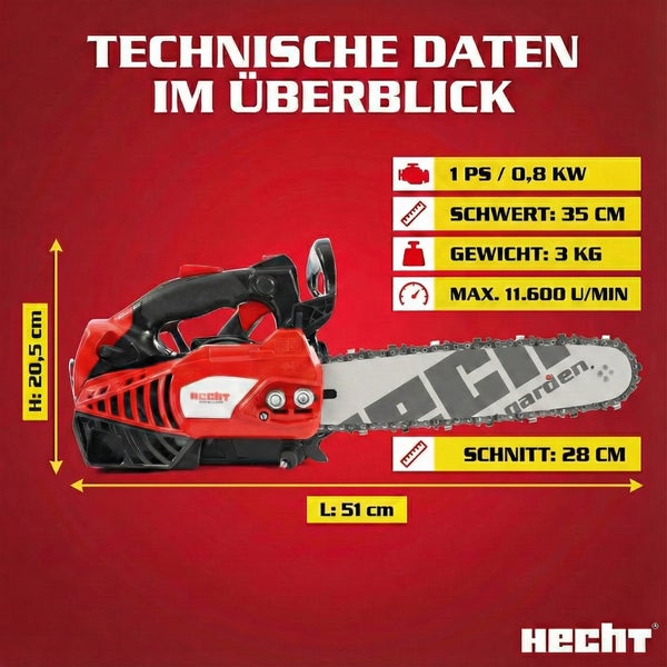 Hecht Motorsäge mit technischen Daten wie Schwertlänge, Gewicht und Schnittlänge.