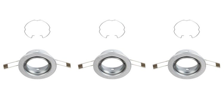 Dreiteiliges Set Einbaustrahler-Rahmen aus gebürstetem Metall mit Haltefedern und Sprengringen.