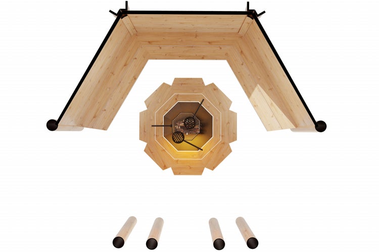 Aufsicht einer Grillkota aus Holz mit Grillstelle