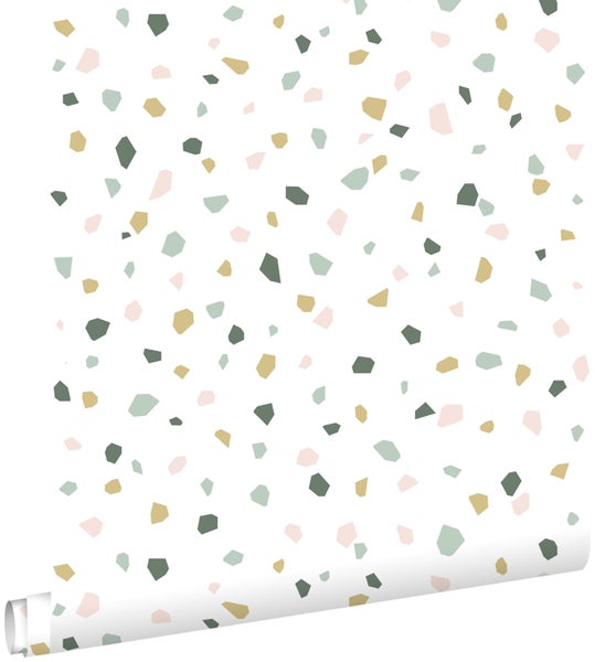 ESTAhome Tapete Terrazzo-Motiv Weiß, Hellrosa und Mintgrün - 53 cm x 10.05 m - 139033