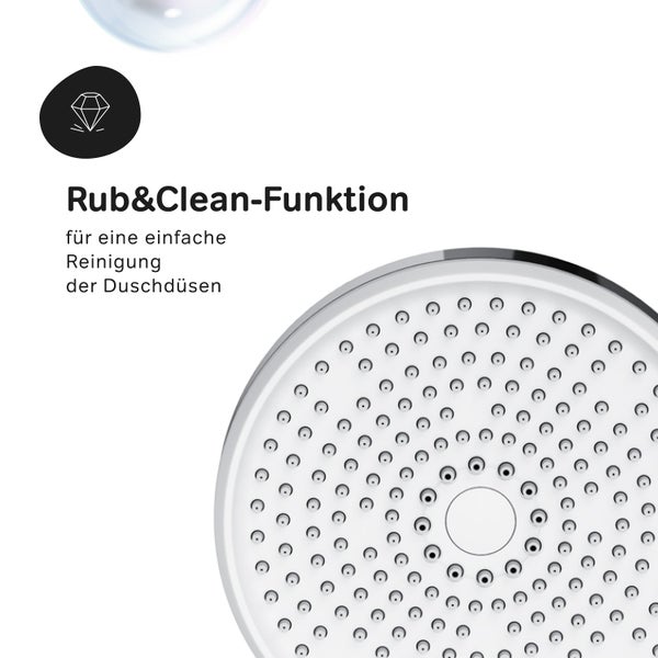 Duschkopf mit Rub und Clean Funktion zur einfachen Reinigung der Düsen von Kalkablagerungen.