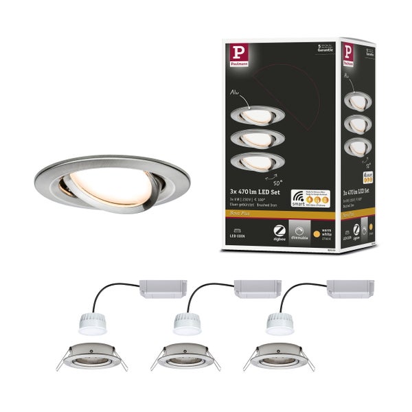 LED Einbauleuchte Smart Home Zigbee 3.0 Nova Plus Coin Basisset schwenkbar rund 84mm 50° Coin 3x6W 3x470lm 230V dimmbar 2700K Eisen gebürstet
