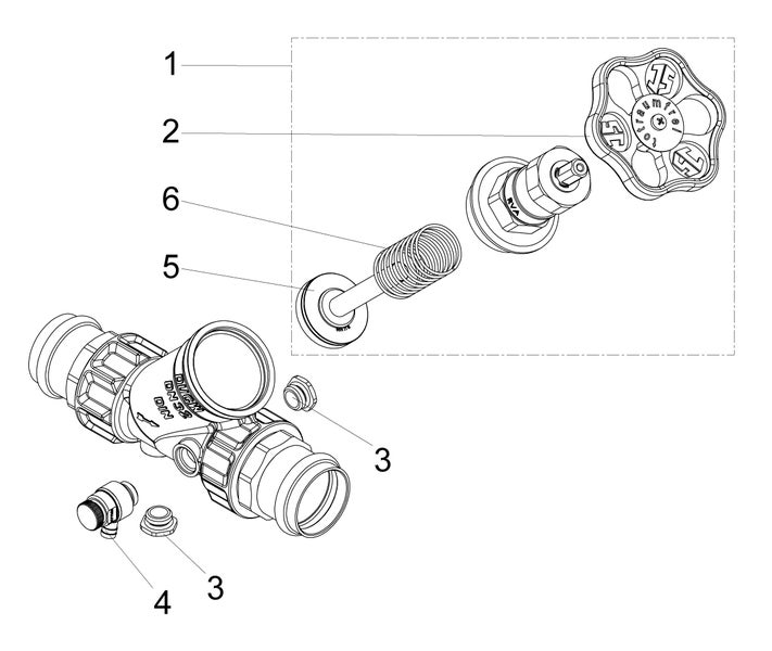 Technische Explosionszeichnung eines Ventils mit nummerierten Einzelteilen.