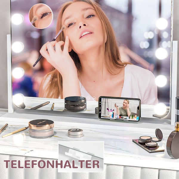 HOMCOM Hollywood Spiegel mit Beleuchtung 62,5x52 cm 360°Drehbar Schminkspiegel mit 15 LED Licht 3 Lichtfarben USB-Ladeanschluss Handyhalterung Touchschalter, Kosmetikspiegel 10X Vergrößerung Weiß