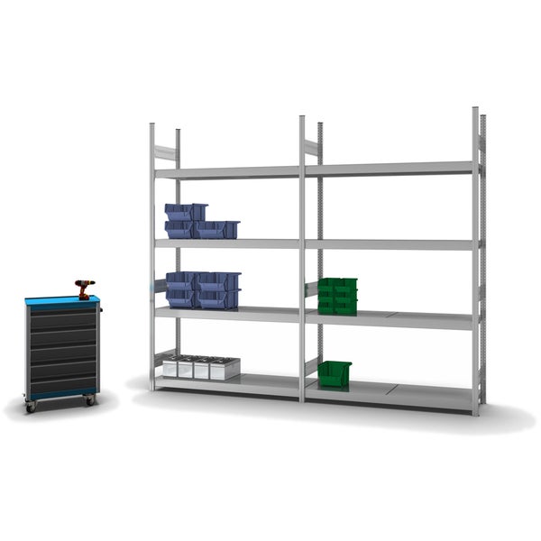 PROREGAL Weitspannregal Stecksystem T-Profil Grundregal HxBxT 250x150x40 cm 4 Ebenen Stahlplatten Fachboden Fachlast 350 kg Verzinkt