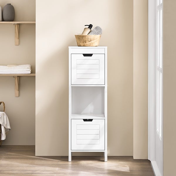 Weißer Badschrank mit zwei Schubladen und einem offenen Fach