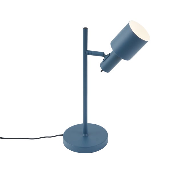 Blaue Schreibtischlampe aus Metall mit rundem Standfuß und verstellbarem zylindrischem Lampenschirm.