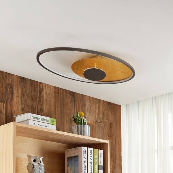 Moderne Deckenleuchte mit schwarzem ovalem Ring und goldfarbener Scheibe an einer weißen Decke in einem hellen, organisierten Raum mit Holzregal.