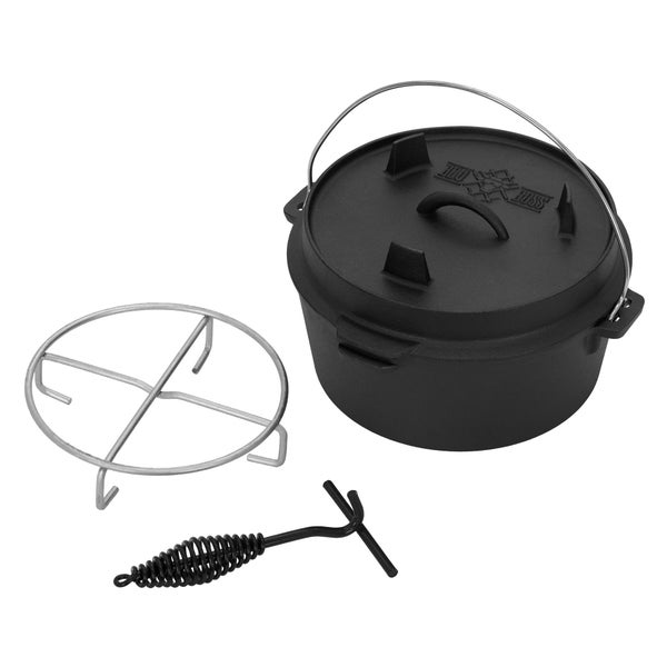 BBQ#BOSS Dutch Oven Set BBQ 4,2 Liter, Eingebrannter Feuertopf aus Gusseisen, Kochtopf mit Deckelheber und Edelstahluntersetzer, Schmortopf mit Schlitz für Themormeter, Grilltopf für Outdoor & Indoor