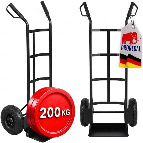 Proregal Sackkarre mit einer Traglast von 200 Kilogramm, robuster Stahlrahmen und Luftreifen.