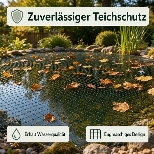 Teichnetz als zuverlässiger Teichschutz zur Laubabwehr über einem Gartenteich, engmaschiges Netz zum Erhalt der Wasserqualität.