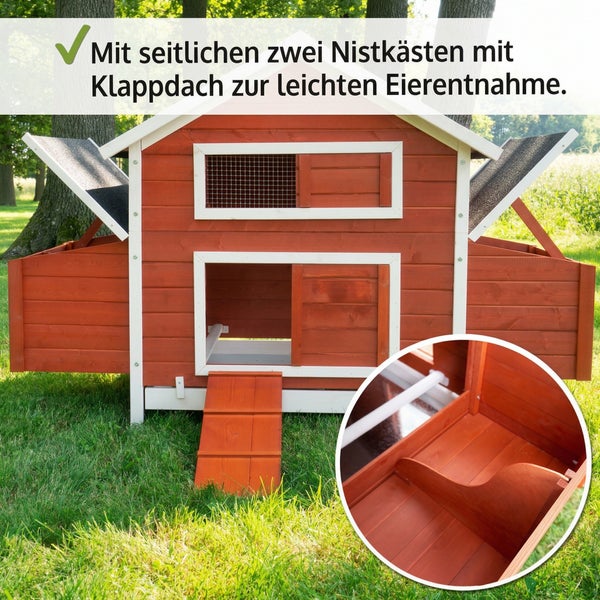 Hühnerstall aus massivem Vollholz mit bituminiertem Dach und seitlichem Nistkasten.