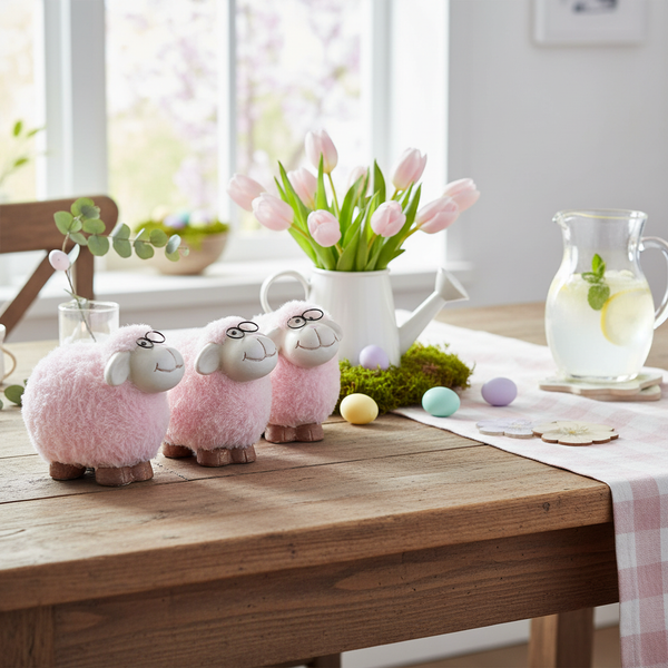 Drei flauschige rosa Deko-Schafe mit Brillen auf einem Holztisch, im Hintergrund Tulpen in einer Gießkanne und Osterdekoration.