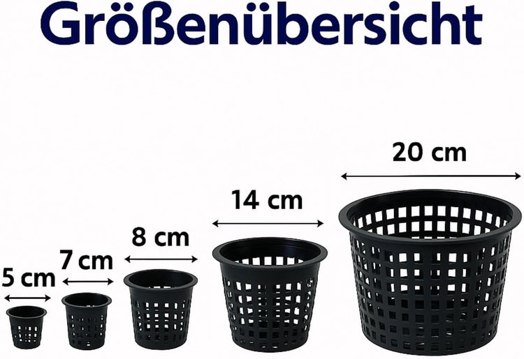 Größenübersicht schwarzer Teichpflanzkörbe in den Größen 5 Zentimeter, 7 Zentimeter, 8 Zentimeter, 14 Zentimeter und 20 Zentimeter.
