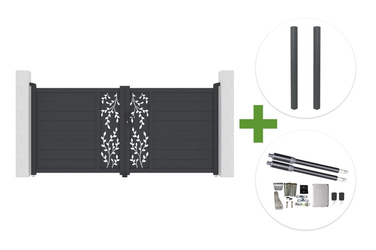 Doppelflügeltor aus Metall mit floralem Dekor, inklusive zwei Torpfosten und elektrischem Torantrieb mit Fernbedienung für den Außenbereich.