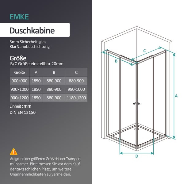 EMKE Logo. Technische Zeichnung einer Duschkabine aus 5 Millimeter Sicherheitsglas mit Maßen A, B, C und D sowie Maßtabelle für verschiedene Größen.