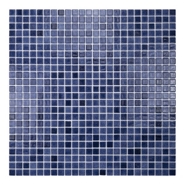 Quadratische Mosaikfliesenmatte aus Glas mit variierenden Blaunuancen für Wandverkleidungen.