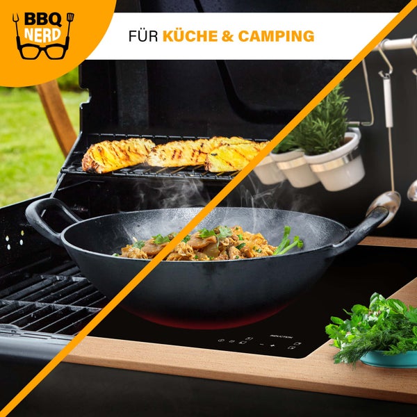 BBQ Nerd Gusseisen Wok Ø 33,5 cm für asiatische Gerichte und mehr | Antihaftpfanne mit exzellenter Wärmeleitung | Wokpfanne für Grill Feuerstelle Herd einschl. Induktion