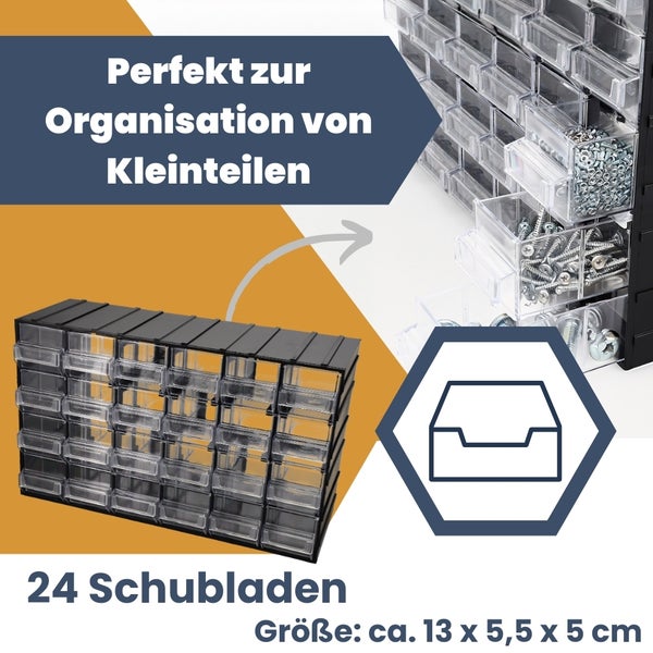 Schubladenbox mit 24 Schubladen zur Aufbewahrung von Kleinteilen, circa 13 x 5,5 x 5 cm