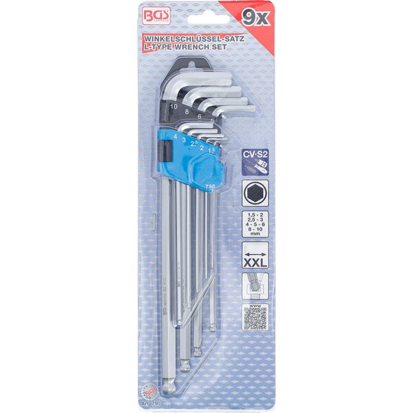 BGS technic Logo. Neun L-förmige Innensechskantschlüssel im Set.