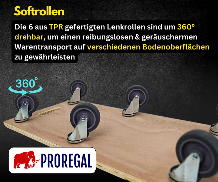 PROREGAL Logo. Sechs 360 Grad drehbare TPR Lenkrollen auf einem Rollbrett montiert für geräuscharmen Transport.