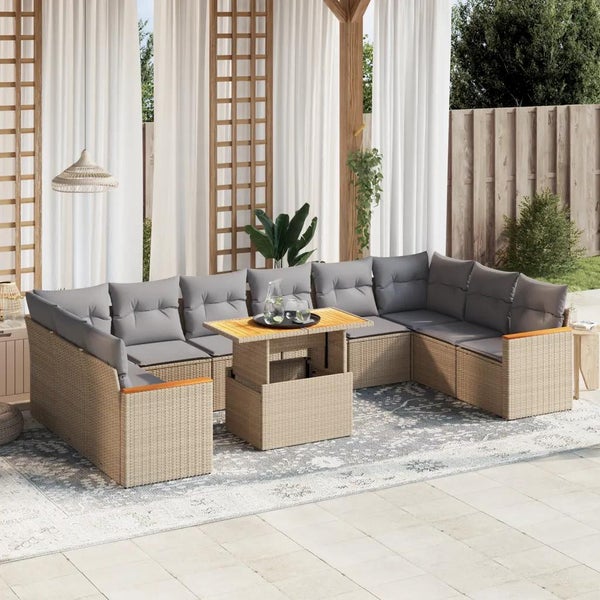 11-tlg. Garten-Sofagarnitur mit Kissen Beige Poly Rattan