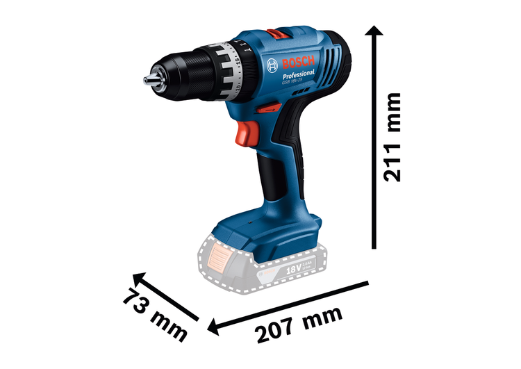 Bosch Professional Akku-Schlagbohrschrauber GSB 18 Volt-25: Höhe 211 Millimeter, Länge 207 Millimeter, Breite 73 Millimeter.