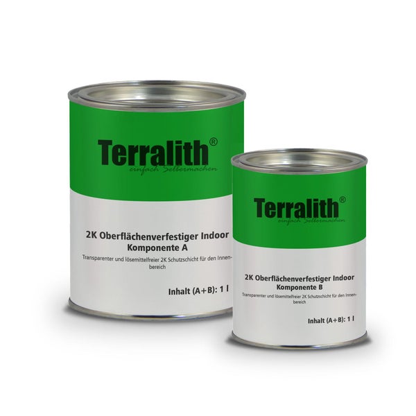Terralith Zwei-Komponenten Oberflächenverfestiger Indoor, 1 Liter Set aus Komponente A und B, transparente lösemittelfreie Schutzschicht.