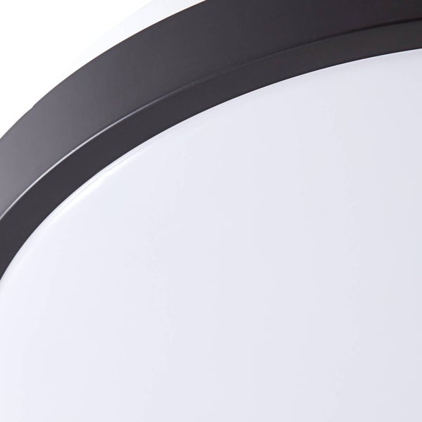 Nahaufnahme einer runden Deckenleuchte mit schwarzem Rahmen und weißer Abdeckung.