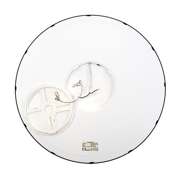 Rückansicht einer runden Deckenleuchte mit abnehmbarer Montageplatte, Sicherheitskabel, Anschlussdrähten und Luxula Logo.