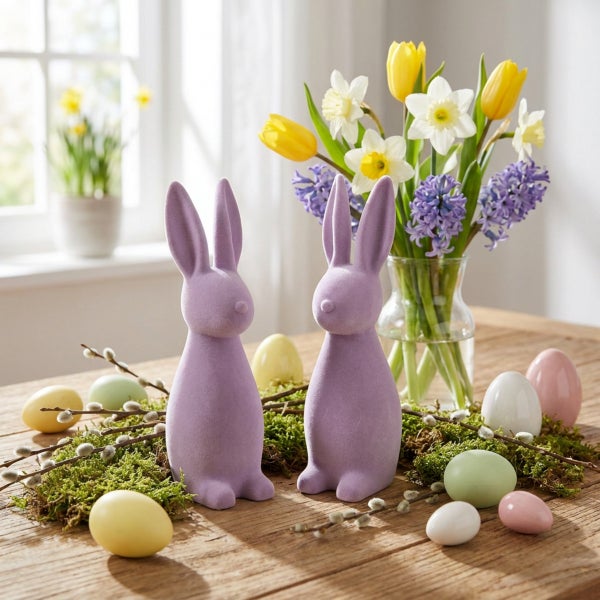 Zwei dekorative Osterhasen aus beflocktem Material als Tischdekoration mit Frühlingsblumen und Ostereiern auf einem Holztisch.