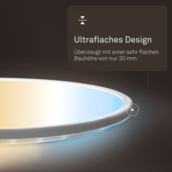 Ultraflaches Design einer runden LED-Deckenleuchte mit einer Bauhöhe von 30 Millimetern.
