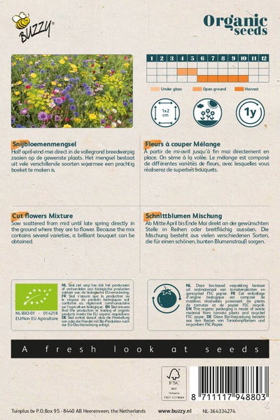 Samenpackung für eine Schnittblumenmischung mit Informationen zu Aussaatzeitpunkt, Erntezeit und Gütesiegeln