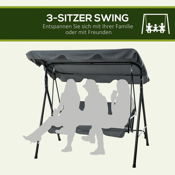 Outsunny Hollywoodschaukel mit Sitzpolster, 3-Sitzer Gartenschaukel mit verstellbarem Sonnendach, Schaukelbank belast bis 240 kg, für Garten, Terrasse, 172 x 110 x 153 cm, Grau
