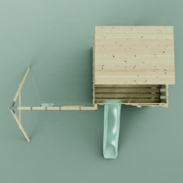 Spielturm aus Holz mit Rutsche und Schaukel in der Draufsicht.