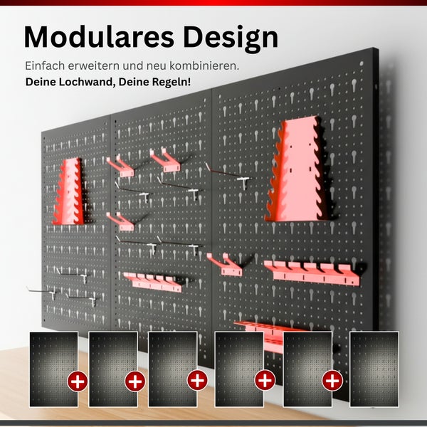 Schwarze modulare Lochwand aus Metall mit roten und silbernen Werkzeughaltern und Haken zur Wandmontage.